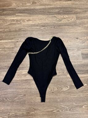 H&M Black Ribbed One Shoulder Chain Bodysuit Long Sleeve S